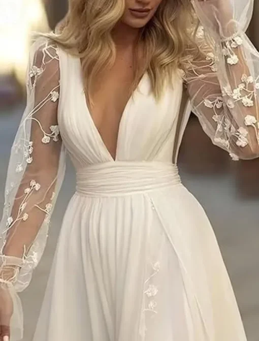Wedding Dresses Beach Wedding A-Line V Neck Long Sleeve Court Train Chiffon Bridal Suits Bridal Gowns With Ruched Draping
