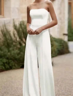 Wedding Dresses Jumpsuits Off Shoulder Sleeveless Floor Length Stretch Fabric Bridal Jumpsuit with Lace Top Solid Color