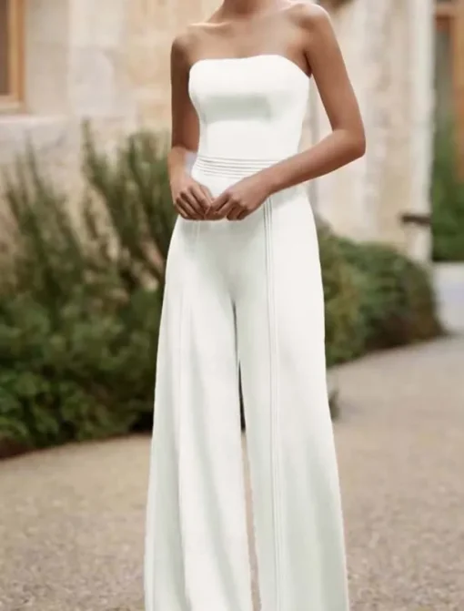 Wedding Dresses Jumpsuits Off Shoulder Sleeveless Floor Length Stretch Fabric Bridal Jumpsuit with Lace Top Solid Color