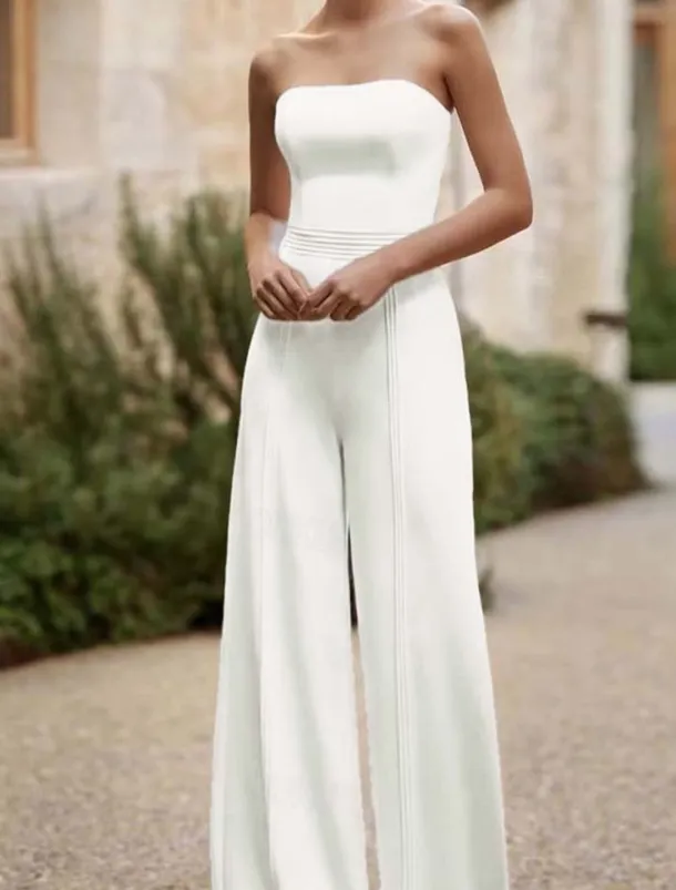 Wedding Dresses Jumpsuits Off Shoulder Sleeveless Floor Length Stretch Fabric Bridal Jumpsuit with Lace Top Solid Color