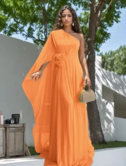 Wedding Dresses Mermaid / Trumpet One Shoulder Sleeveless Floor Length Chiffon Bridal Gowns With Flower