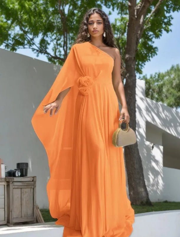 Wedding Dresses Mermaid / Trumpet One Shoulder Sleeveless Floor Length Chiffon Bridal Gowns With Flower
