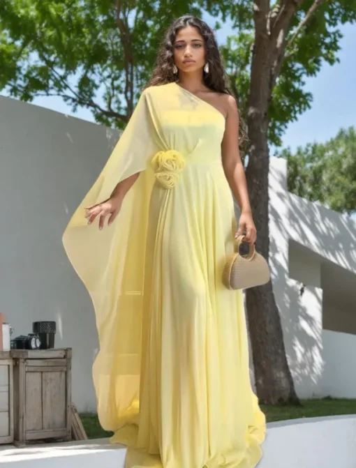 Wedding Dresses Mermaid / Trumpet One Shoulder Sleeveless Floor Length Chiffon Bridal Gowns With Flower