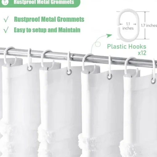 White Fabric Shower Curtain with Hooks, Tufted Chenille Striped Textured Cloth for Bathroom, Modern Farmhouse Shabby Chic Waterproof Shower Curtain Set, Machine Washable