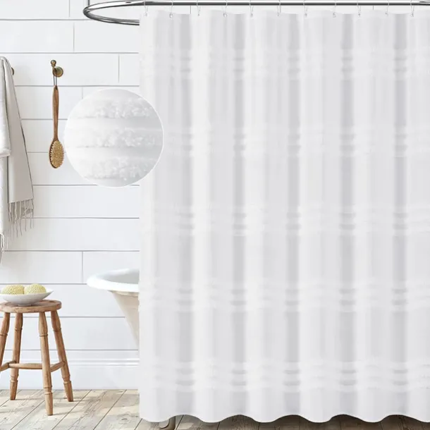 White Fabric Shower Curtain with Hooks, Tufted Chenille Striped Textured Cloth for Bathroom, Modern Farmhouse Shabby Chic Waterproof Shower Curtain Set, Machine Washable