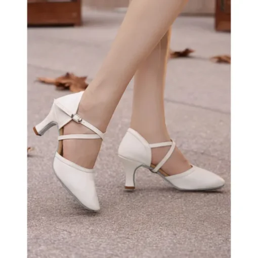 White Faux Leather Dance Shoes with Cross Strap and Buckle – Women's Ballroom and Latin Dance Heels