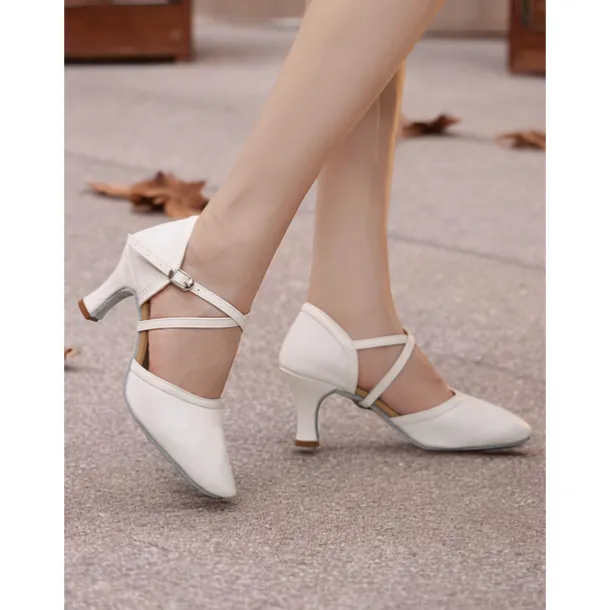 White Faux Leather Dance Shoes with Cross Strap and Buckle – Women's Ballroom and Latin Dance Heels