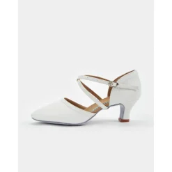White Faux Leather Dance Shoes with Cross Strap and Buckle – Women's Ballroom and Latin Dance Heels