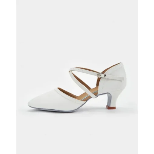 White Faux Leather Dance Shoes with Cross Strap and Buckle – Women's Ballroom and Latin Dance Heels