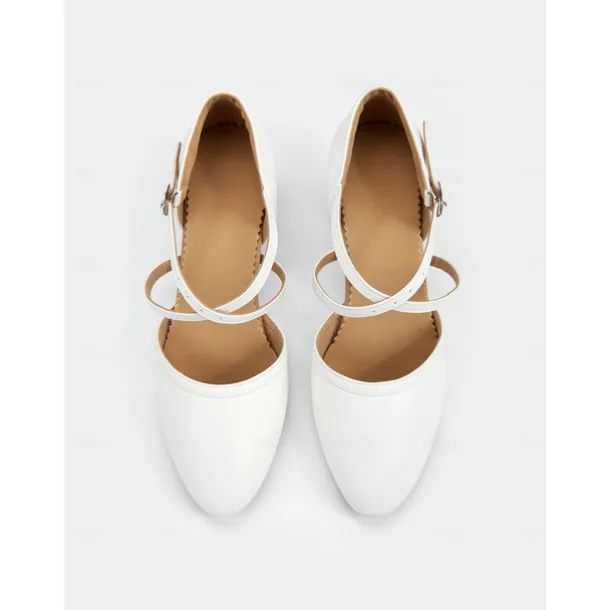White Faux Leather Dance Shoes with Cross Strap and Buckle – Women's Ballroom and Latin Dance Heels