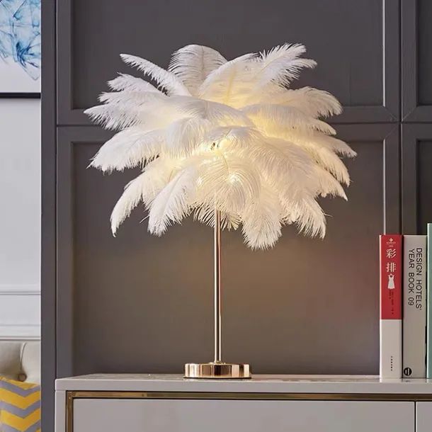 White Feather Table Lamp with Plug in Wire Modern Feather Lamp 3-Light Bedside Table Lamp for Bedroom Nightstand Lamp Desk Night Light in Gold Christmas gift
