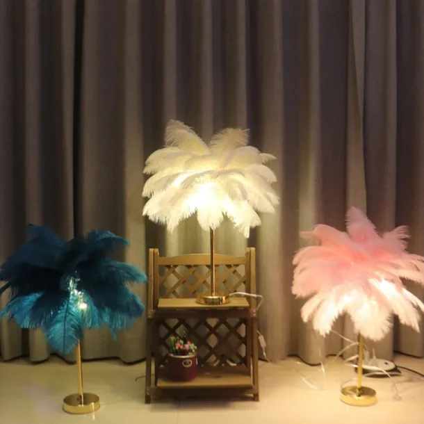 White Feather Table Lamp with Plug in Wire Modern Feather Lamp 3-Light Bedside Table Lamp for Bedroom Nightstand Lamp Desk Night Light in Gold Christmas gift
