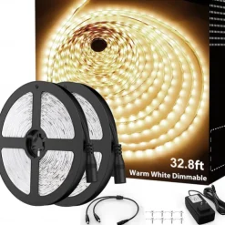 White LED light strip 2x16 FT Warm Light White Light Red Blue Green White Strip Lighting 600 LED 2835 Flexible Ribbon Light 12V Rope Light Suitable for Kitchen Cabinet Bedroom Wardrobe