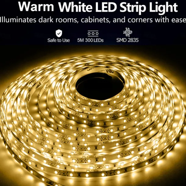 White LED light strip 2x16 FT Warm Light White Light Red Blue Green White Strip Lighting 600 LED 2835 Flexible Ribbon Light 12V Rope Light Suitable for Kitchen Cabinet Bedroom Wardrobe