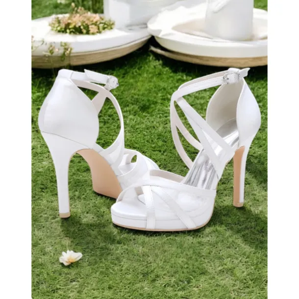 White Satin Bridal High Heel Sandals with Cross Straps - Perfect Wedding Shoes for Brides