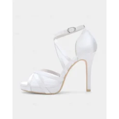 White Satin Bridal High Heel Sandals with Cross Straps - Perfect Wedding Shoes for Brides