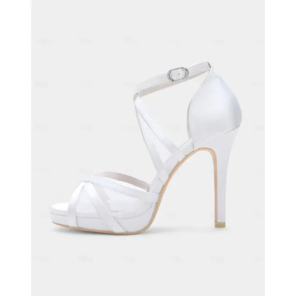 White Satin Bridal High Heel Sandals with Cross Straps - Perfect Wedding Shoes for Brides