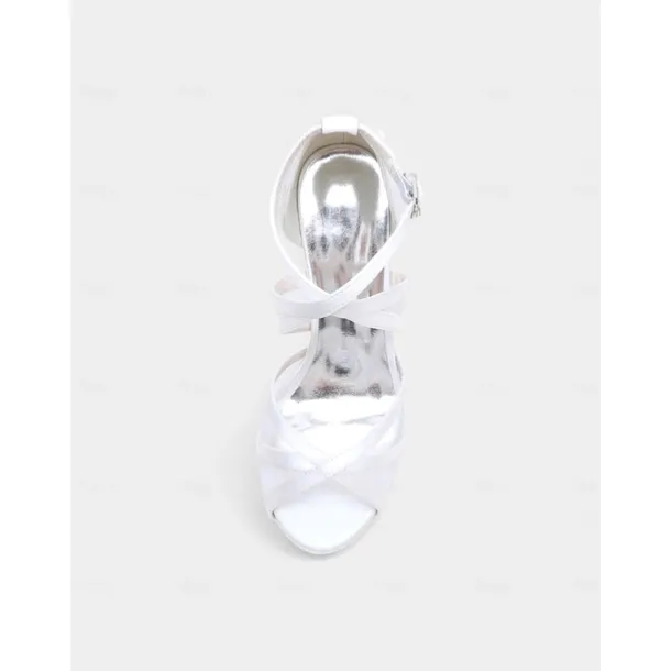 White Satin Bridal High Heel Sandals with Cross Straps - Perfect Wedding Shoes for Brides