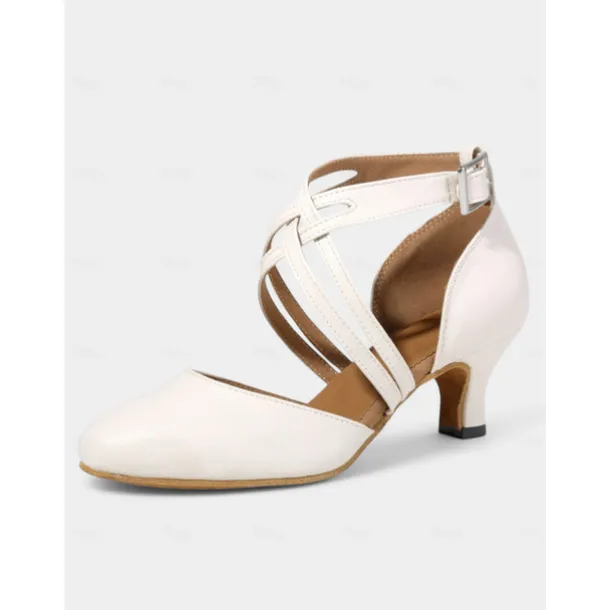 White Satin Dance Shoes with Cross-Strap Design – Mid Heel, Open Toe for Women – Ideal for Weddings, Formal Events, and Dance Competitions