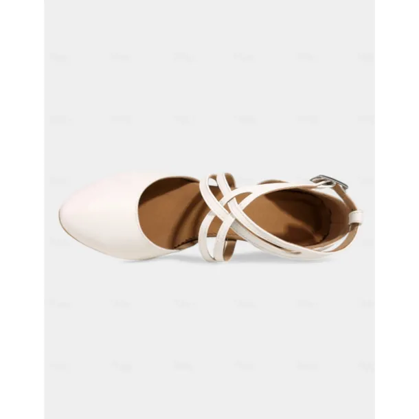 White Satin Dance Shoes with Cross-Strap Design – Mid Heel, Open Toe for Women – Ideal for Weddings, Formal Events, and Dance Competitions