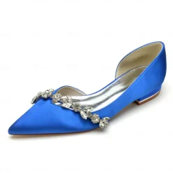 White Satin Flat Wedding Shoes with Pointed Toe and Crystal Floral Embellishment for Bridal Occasions