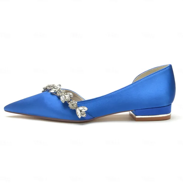 White Satin Flat Wedding Shoes with Pointed Toe and Crystal Floral Embellishment for Bridal Occasions