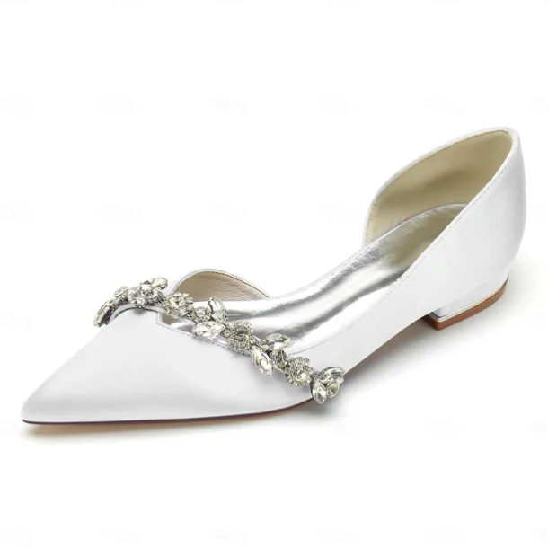 White Satin Flat Wedding Shoes with Pointed Toe and Crystal Floral Embellishment for Bridal Occasions