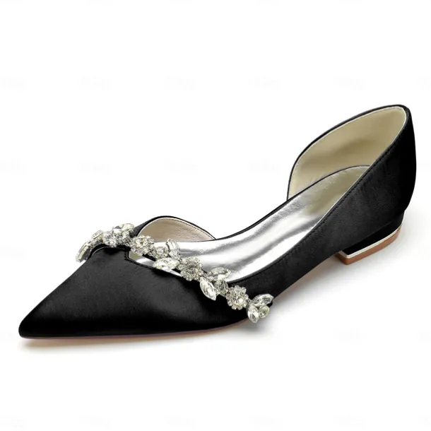 White Satin Flat Wedding Shoes with Pointed Toe and Crystal Floral Embellishment for Bridal Occasions