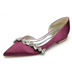 White Satin Flat Wedding Shoes with Pointed Toe and Crystal Floral Embellishment for Bridal Occasions