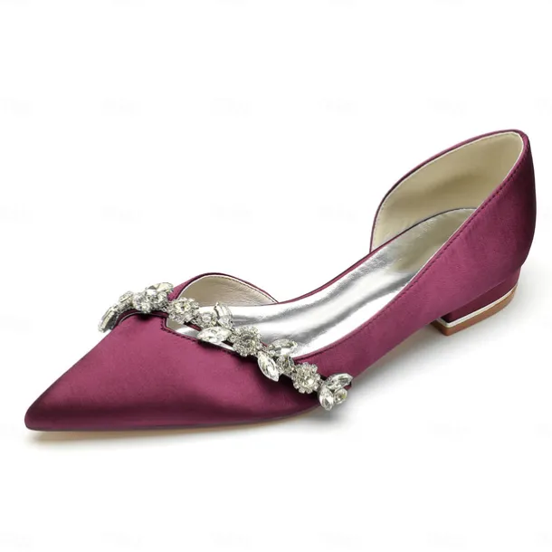 White Satin Flat Wedding Shoes with Pointed Toe and Crystal Floral Embellishment for Bridal Occasions