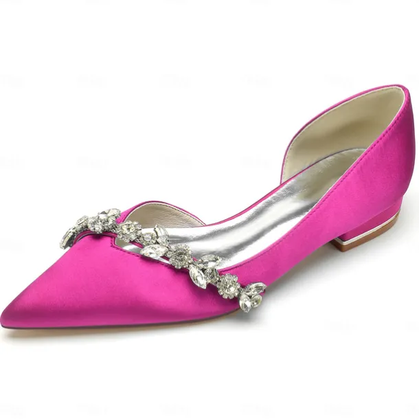 White Satin Flat Wedding Shoes with Pointed Toe and Crystal Floral Embellishment for Bridal Occasions