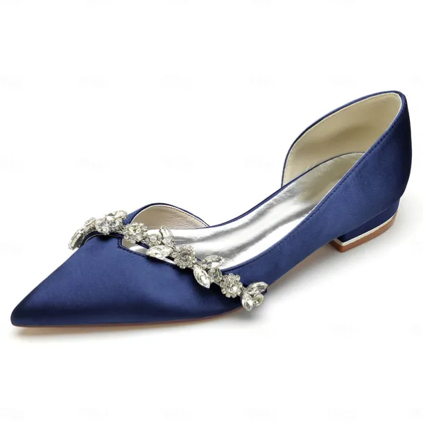 White Satin Flat Wedding Shoes with Pointed Toe and Crystal Floral Embellishment for Bridal Occasions