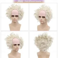 White Wig Men, Short Wavy Bald Wig Messy Mad Scientist Wig Old Man Wig Fluffy Crazy Funny Wig Halloween Wigs