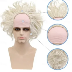 White Wig Men, Short Wavy Bald Wig Messy Mad Scientist Wig Old Man Wig Fluffy Crazy Funny Wig Halloween Wigs