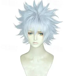 White Wigs for Men Pweincy Killua Cosplay Wig, Short Spiky Layered Silver White Carnival Party Anime Hair
