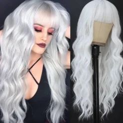 White Wigs with Bangs for Women Long Wavy Synthetic Wig Colorful Wig Hair Heat Resistant Wigs for Cosplay Party Use