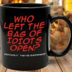 Who Left the Bag of Idiots Open Coffee Mug Black Retro Vintage Ceramic Mug with Graphic Design 12oz/330ml Perfect Gift for Music Lovers Guitarists and Band Members