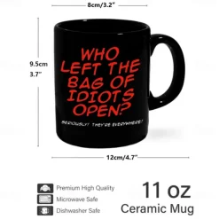 Who Left the Bag of Idiots Open Coffee Mug Black Retro Vintage Ceramic Mug with Graphic Design 12oz/330ml Perfect Gift for Music Lovers Guitarists and Band Members