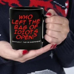 Who Left the Bag of Idiots Open Coffee Mug Black Retro Vintage Ceramic Mug with Graphic Design 12oz/330ml Perfect Gift for Music Lovers Guitarists and Band Members