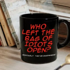 Who Left the Bag of Idiots Open Coffee Mug Black Retro Vintage Ceramic Mug with Graphic Design 12oz/330ml Perfect Gift for Music Lovers Guitarists and Band Members