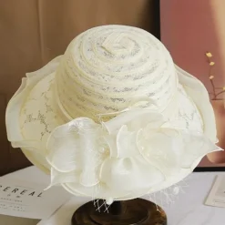 Wide Brim Lace Fascinator Kentucky Derby Hat for Womens Tea Party Fascinators Cap Church Wedding Cap with Flower