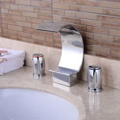 Widespread Bathroom Sink Faucet,Two Handle Three Holes, Brass Waterfall Chrome Bath Taps