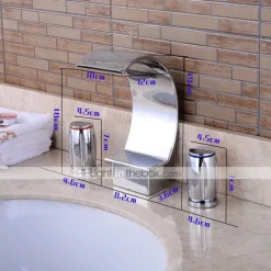 Widespread Bathroom Sink Faucet,Two Handle Three Holes, Brass Waterfall Chrome Bath Taps