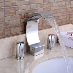 Widespread Bathroom Sink Faucet,Two Handle Three Holes, Brass Waterfall Chrome Bath Taps
