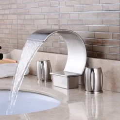 Widespread Bathroom Sink Faucet,Two Handle Three Holes, Brass Waterfall Chrome Bath Taps