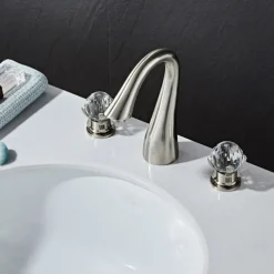 Widespread Bathroom Sink Mixer Faucet, 3 Hole 2 Crystal Handle Traditional Basin Taps Deck Mounted with Hot and Cold Hose, Vessel Water Tap