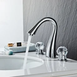 Widespread Bathroom Sink Mixer Faucet, 3 Hole 2 Crystal Handle Traditional Basin Taps Deck Mounted with Hot and Cold Hose, Vessel Water Tap