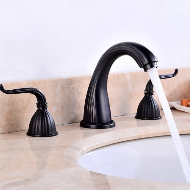Widespread Bathroom Sink Mixer Faucet, Vintage Brass 3 Hole 2 Handles Basin Taps, Retro Style Bathroom Tap Contain with Cold and Hot Water Hose