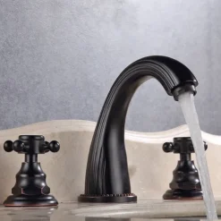 Widespread Bathroom Sink Mixer Faucet, Vintage Brass 3 Hole 2 Handles Basin Taps, Retro Style Bathroom Tap Contain with Cold and Hot Water Hose