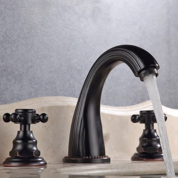 Widespread Bathroom Sink Mixer Faucet, Vintage Brass 3 Hole 2 Handles Basin Taps, Retro Style Bathroom Tap Contain with Cold and Hot Water Hose